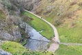 Looking down from Thorpe Cloud to see the stepping stones across a river, Peak District, Derbyshire