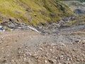 Looking down scree to Levers Water outflow, Lake District