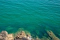 Looking down to rocks and blue pristine sea Ocean background with copy space