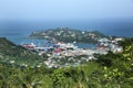 Looking down the valley towards the city of Castries, St Lucia. Shows the town & the port with a Cruise ship docked Royalty Free Stock Photo