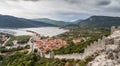 Looking down the walls of Ston towards the salt pans