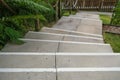 Looking down on white anti-slip step nosing lines on concrete steps