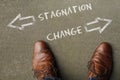 Looking down at the words Stagnation and Change