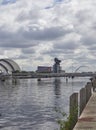 Looking East down from Pacific Quay in Glasgow, with the SEC Armadillo and the Bell and Millennium Footbridges.