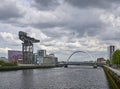 Looking East down the River Clyde towards the Finieston Crane and Squinty Bridge at Pacific Quay, Glasgow.