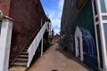 An old alleyway in Jefferson IA with the historic courthouse bell tower