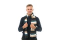 Looking elegant. handsome smiling mature guy. male fashion for cold season. say no to flu. man in warm knitting isolated