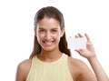 Looking forward to your call. Studio shot of a beautiful young woman holding a blank business card against a white Royalty Free Stock Photo