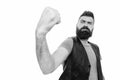 Looking frighteningly as a muscular man. Bearded muscular man shaking fist. Brutal hipster flexing his arm with muscular Royalty Free Stock Photo