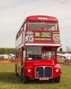 Close up front view of a old retro red london double decker bus