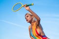 looking in the future. female tennis player. badminton game racquet. sport and hobby.