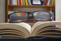 Looking glasses on an open book Royalty Free Stock Photo