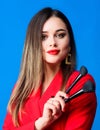 Looking good and feeling confident. Gorgeous lady makeup red lips. Attractive woman applying makeup brush. Strengthen