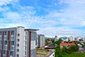 Looking from the height See a city in a tight city with tall buildings and beautiful skies.