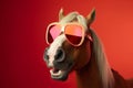 background funny sunglasses goggles smile horse animal colourful portrait model fun. Generative AI.