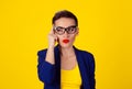 Looking  for idea. Closeup portrait young woman thinking daydreaming deeply about something short hair blue shirt suit black eye Royalty Free Stock Photo