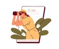 Looking for information via search engine, web browser in mobile phone. Curious person with binoculars surfing internet