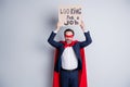 Looking for a job. Photo of stressed mature dismissed business guy super hero character costume hold carton placard need