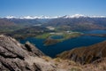 Looking at the Lake Wanaka over a cliff from the Roy's Peak in New Zealand Royalty Free Stock Photo