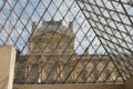 Looking at the Louvre from inside the glass pyramid