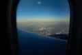 Looking at Mount Fuji from an airplane in the airspace at Narita Airport.