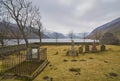 Looking from the old abandoned Kirk, or Church Graveyard to Loch Lee and beyond up Glen Esk in Winter. Royalty Free Stock Photo