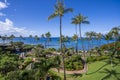 A view of the Pacific Ocean and palm trees of Ka\'anapali Beach, in Lahaina, Hawaii. Royalty Free Stock Photo