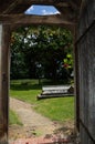 Looking out from the entrance to St Peters Church, Twineham, Sussex. UK