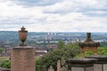 Looking out Between two Monuments from the Necropolis over the city centre of Glasgow Royalty Free Stock Photo