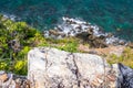 Looking over a cliff edge with blue sea below and Cliff edge and the sea. Stones worn smooth along the top of a cliff and a blue Royalty Free Stock Photo