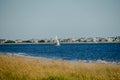 Looking over the dunes as a sailboat goes by on the ocean.