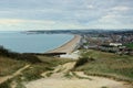 View of Seaford town bay & beach from Seaford Head. Sussex, UK