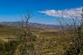 Looking own on hilly rocky terrain and road and moutains in the distance in the Idaho highlands