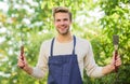 Looking perfect. Culinary concept. Chef cooking bbq food. picnic cooking utensils. Outdoor party weekend. man barbecue Royalty Free Stock Photo