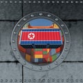 Looking through a ship Porthole. Container with North Korea flag being loaded. Royalty Free Stock Photo