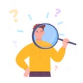 Looking something at magnifier. Fun man look eye in magnifying glass, research check inspection concept cartoon person