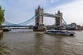 Looking south at Tower Bridge with passing tour boat