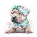 The Cutest Stock Photo You\'ll See Today: A Shar Pei Puppy in a Pastel Headband Bandana, Captured in Watercolor AI Generated