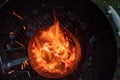 Looking down into the burning charcoal of a Chimney Starter on a backyard grill Royalty Free Stock Photo