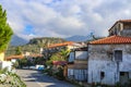 Looking from street in Greek village of Kardamyli north towards the Taygetos Mountains Royalty Free Stock Photo