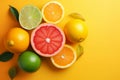 Bring summer to your branding with this colorful top view of a citrus paradise and refreshing fruits, AI generated