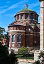 Looking toward the apse of St. Pauls Chapel 1907, at Columbia University. It is clad in red brick and limestone, with a design