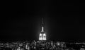 Sundown from the top of the rock - Empire State Building pinnacle brightly lit in the centre of the frame - in black and white