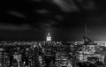 Sundown from the top of the rock - Empire State Building lit in the centre left of the frame - in dramatic black and white