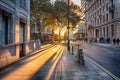 Looking towards the setting sun on Pall Mall East with bus, taxi and bicycle