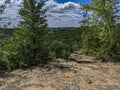 A view from the top of the Niagara Escarpment looking down at forest and farm fields Royalty Free Stock Photo