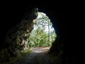 Looking through a tunnel in the Swiss mountains. Alpe Rohr, St. Gallen, Switzerland. Royalty Free Stock Photo