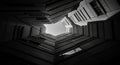 Looking up from the base of a narrow courtyard, tall concrete buildings form a Royalty Free Stock Photo