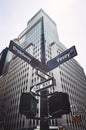 Looking up at Broadway and Vesey street sign, NYC Royalty Free Stock Photo