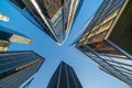 Looking up at business buildings in downtown New York City Royalty Free Stock Photo